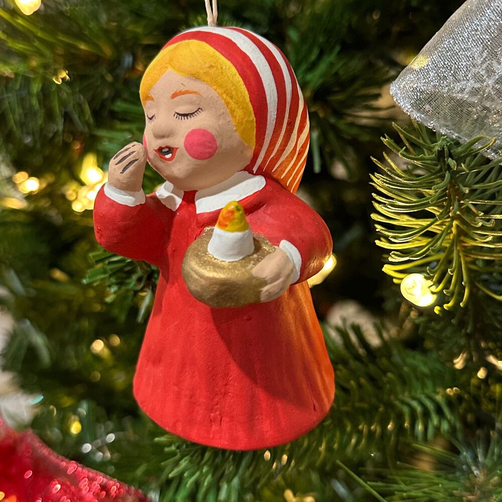 Vintage Silvestri Girl with Candle Christmas Bell Ornament  Bisque Ceramic 4 x 4
